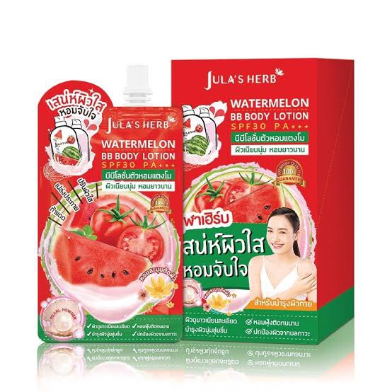 [1กล่อง/6ซอง] Jula's Herb Watermelon BB Body Lotion SPF30PA+++ จุฬาเฮิร์บ บีบี บีบีทาตัว โลชั่นตัวหอม แตงโม ขนาด 40 ml.