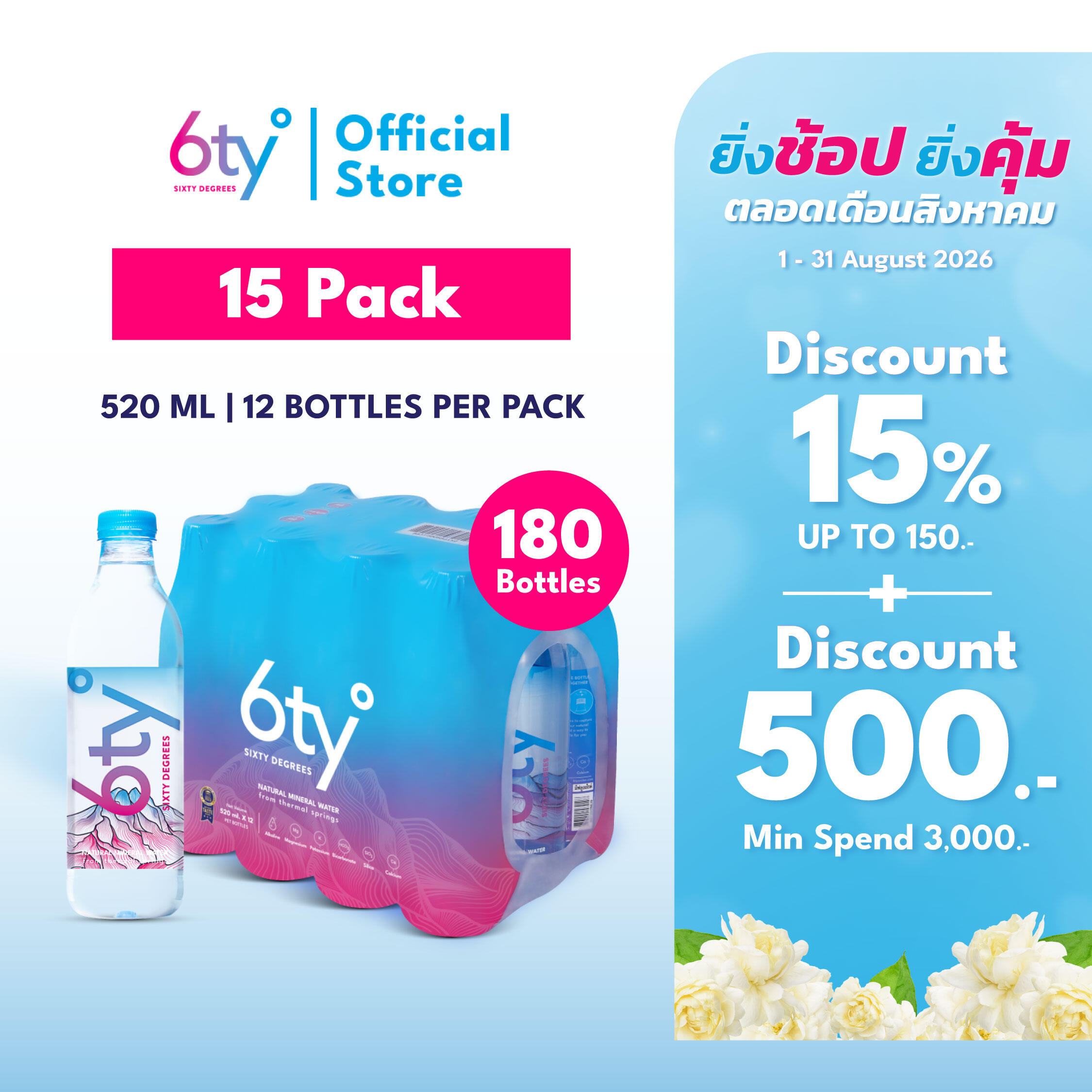 [Free Delivery] 520ml 15 Packs 180 Bottles Mineral Water 6ty Degrees Mineral Water 100% Natural Mineral Water from Chiang Dao Mineral Water Source. ราคา 2,520 บาท*ส่งฟรี