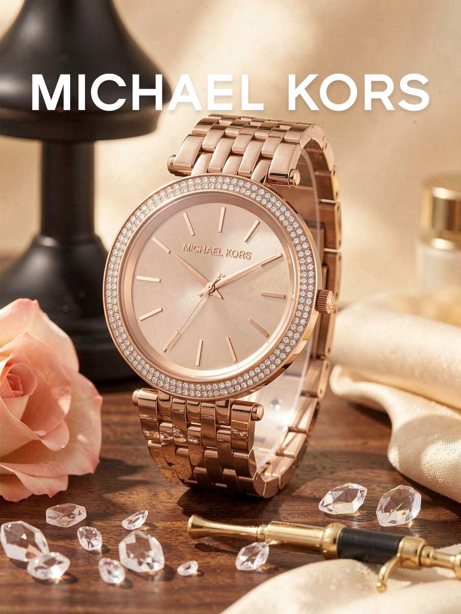 นาฬิกาข้อมือ Michael Kors ควอตซ์สำหรับสุภาพสตรี สายสแตนเลสสีโรสโกลด์ ขอบหน้าปัดประดับคริสตัลสองแถว หน้าปัดลาย Sunburst เหมาะสำหรับเป็นของขวัญในงานเลี้ยง ราคา 9,700 บาท*ส่งฟรี