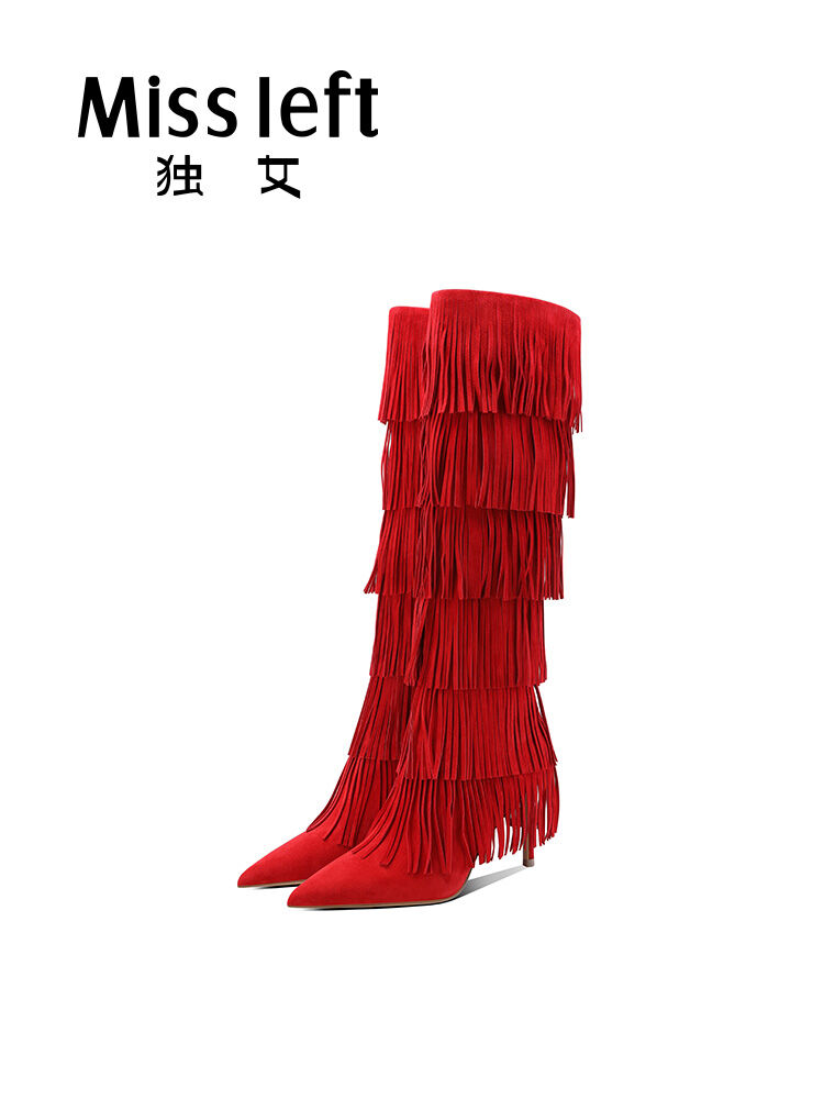 รองเท้าบูทส้นสูงทรงหัวแหลมสีแดง ทรงยาวถึงเข่า ผูกโบว์ หนังแกะ ทรงหัวแหลม สำหรับผู้หญิง รองเท้าบูทแฟชั่นฤดูใบไม้ร่วง/ฤดูหนาว ราคา  25,792 บาท*ส่งฟรี