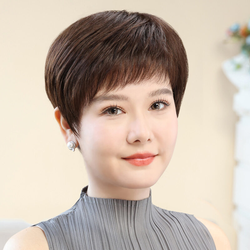 BAIMEI SILK | Natural Full Wig Short Straight Hair Voluminous Textured Hair Mother Short Hair Senior Wig ราคา 2,623 บาท*ส่งฟรี