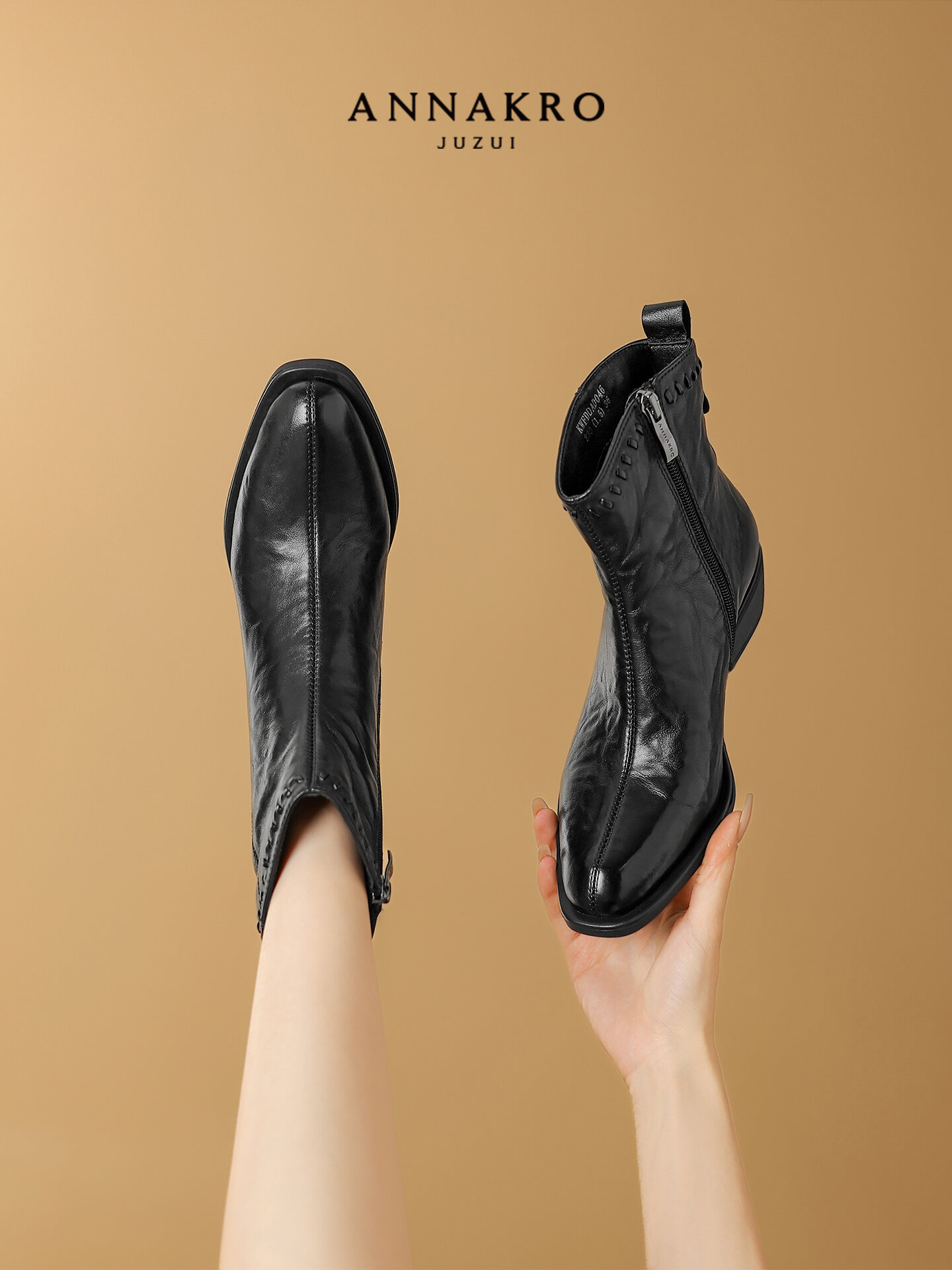 JZ ANNAKRO | Stylish Elegant French Style Chunky Heel V-Cut Pointed Toe Leather Ankle Boot ราคา 3,328 บาท*ส่งฟรี