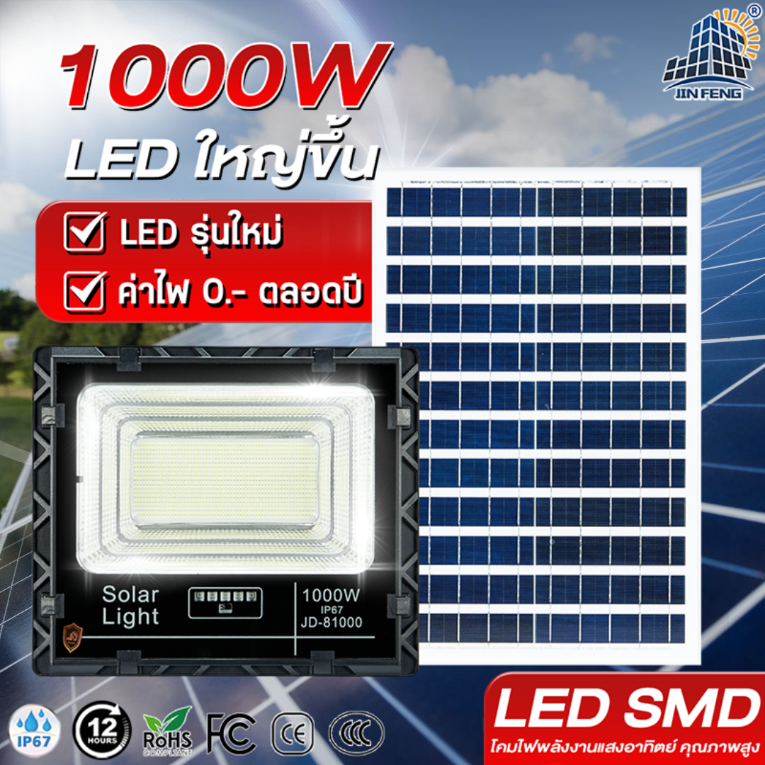 Jd Solar Lights 1000W Solar Cell Lamp Solar Cell Light Bulbs Solar Cell Garden Lights Solar Cell Spotlights with Remote Control, 1 Year Warranty, Solar Cell Lamps Solar Powered Lights ราคา 190 บาท*ส่งฟรี