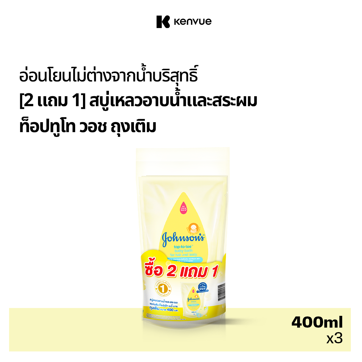 [ซื้อ 2 แถม 1] จอห์นสัน เบบี้ ครีมอาบน้ำและสระผมเด็ก ถุงเติม ท็อปทูโท วอช 400 มล. [Buy2 Get 1 Free] Johnson's Baby Top To Toe Baby Wash and Shampoo 400 ml. (Refill) ราคา 245 บาท*ส่งฟรี