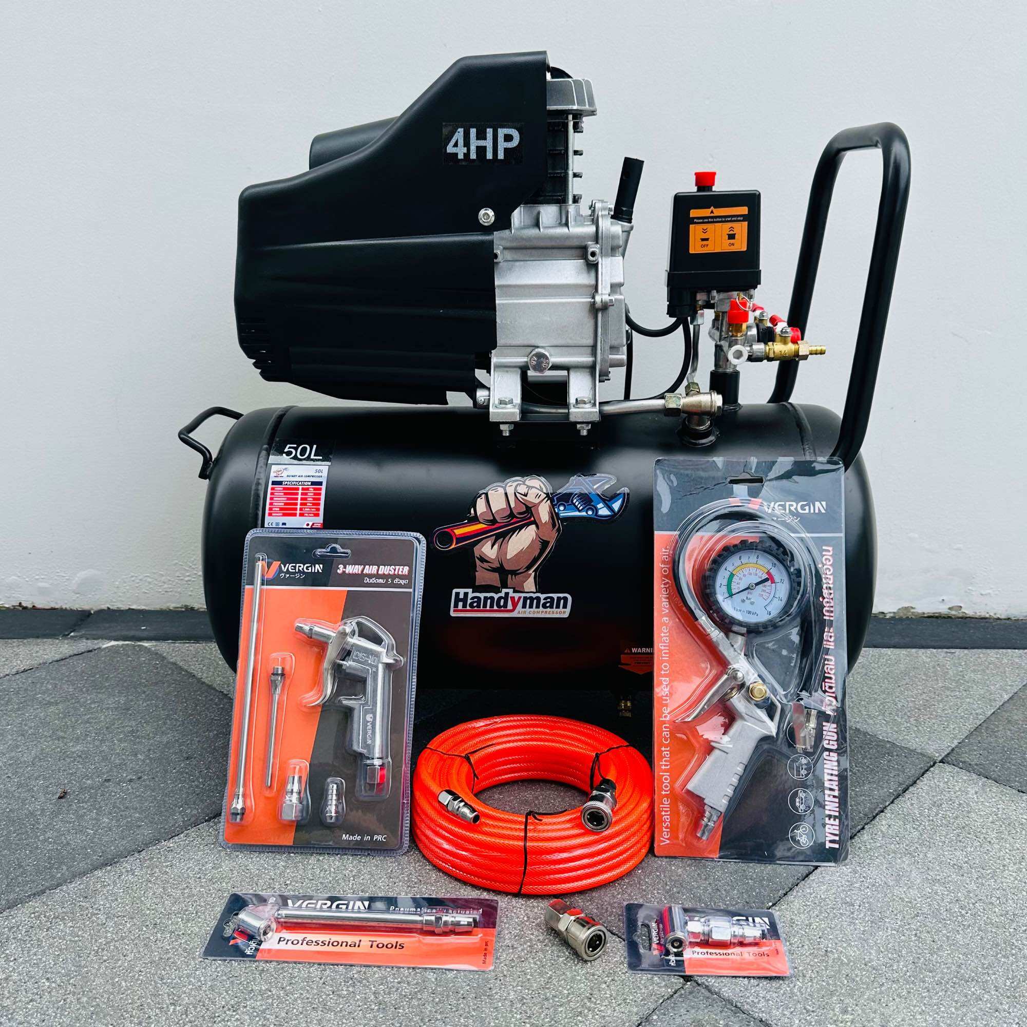 Handyman ปั๊มลม ถังลม ปั๊มลมโรตารี่ 50 ลิตร 4 แรงม้า รุ่น HM-50L แรงดัน 8 บาร์ 140 psi มอเตอร์ทองแดงแท้+อุปกรณ์ 6 อย่าง ราคา 3,690 บาท*ส่งฟรี