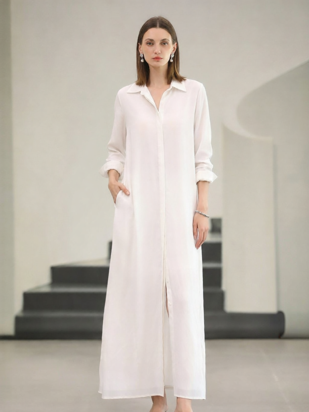 COCOBELLA | Elegant White Lyrical Tencel Shirt Dress ราคา 6,218 บาท*ส่งฟรี