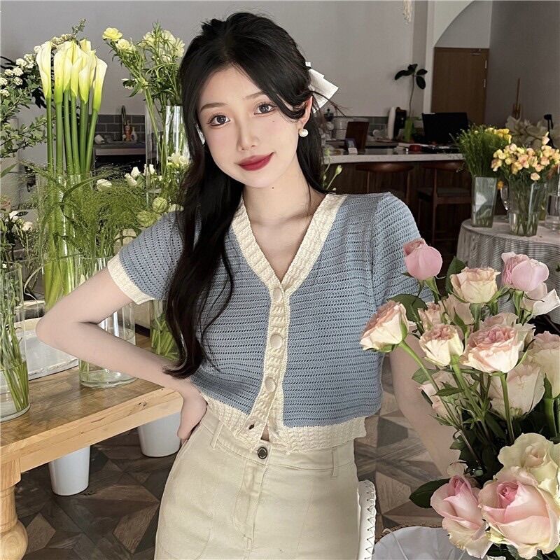 tt Shop พร้อมส่ง เสื้อไหมพรมแขนสั้น คอวีกระดุมด้านหน้าคิ้วๆน่ารัก 11506 ...