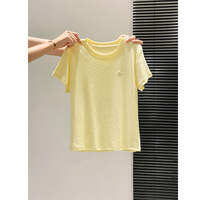 La Chapelle | เสื้อยืดผู้หญิงทรงหลวมแขนสั้นสีฟ้าอ่อนเนื้อผ้าเบาสไตล์หวานปักลายสำหรับฤดูร้อน