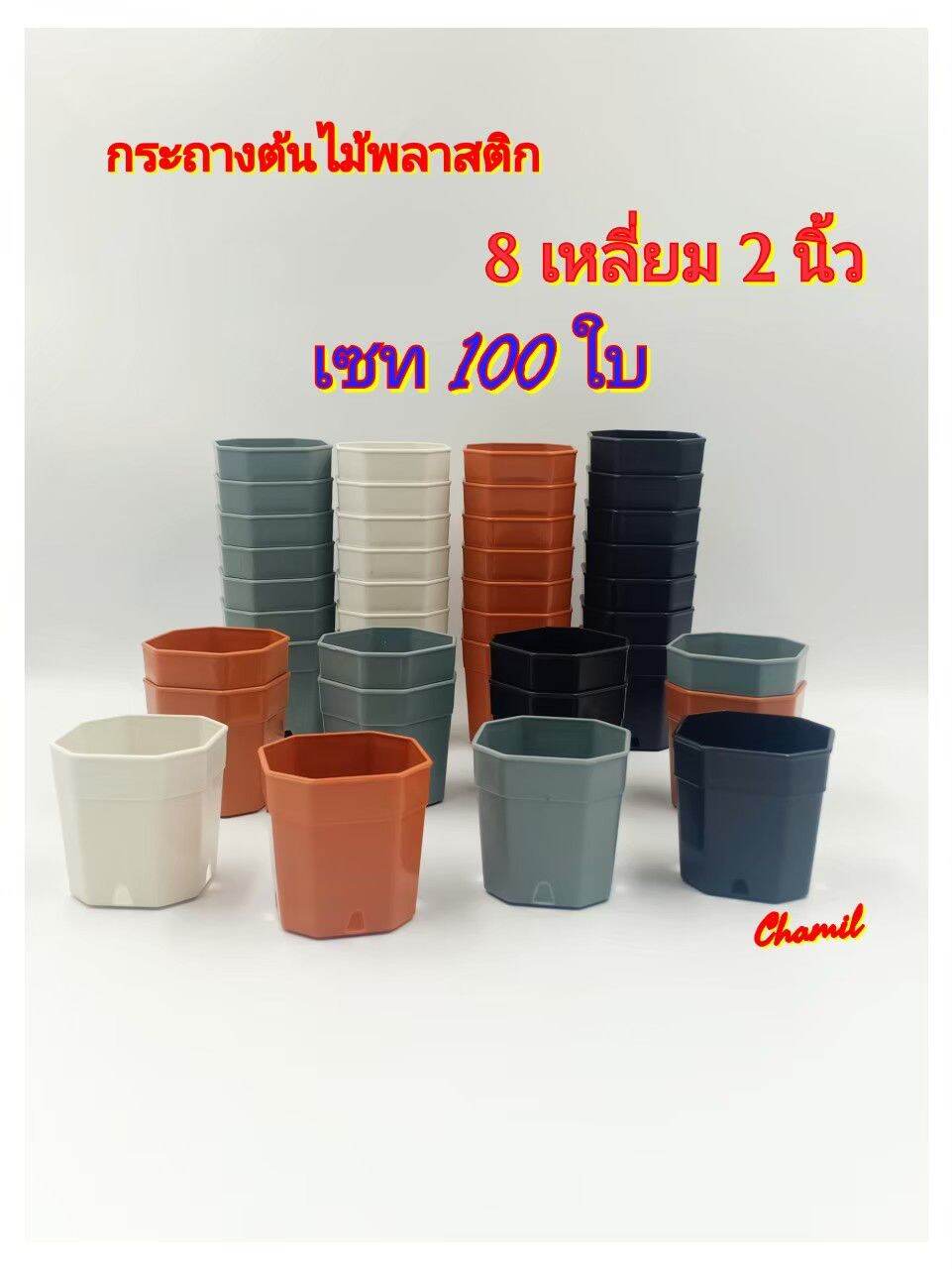 กระถางต้นไม้ 2 นิ้ว เซท 100 ใบ(8 เหลี่ยม) กระถางต้นไม้พลาสติก กระถางแคนตัส สีดำ สีขาว สีส้มอิฐ สีเทา