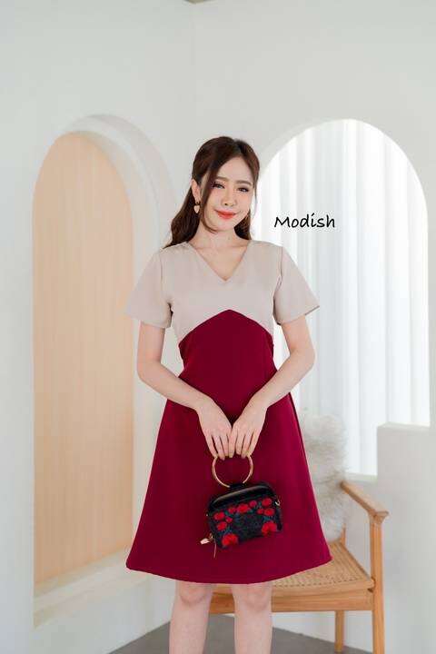 เดรสคอวีทูโทน ผ้าบาร์บี้ – Modish – 3381460189_TH-12502741134 >>> 🇹🇭 Top1Thailand 🛒 >>> lazada.co.th 🇹🇭 🇹🇭 🇹🇭🛒🛍🛒