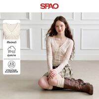 spao | เสื้อยืดแขนยาวคอวีลายลูกไม้สไตล์เกาหลี