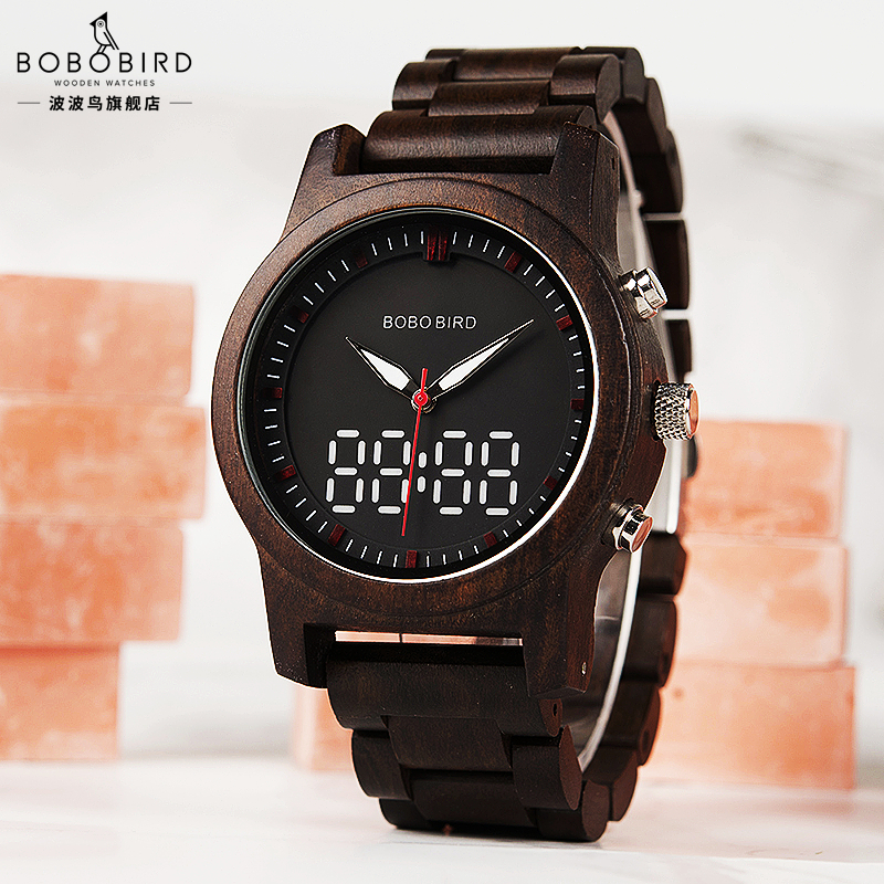 Bobobird BOBO นกธุรกิจนาฬิกาชาย LED เข็มการแสดงคู่เรืองแสงนาฬิกาผู้ชายธุรกิจไม้มะเกลือดำนาฬิกาข้อมือ