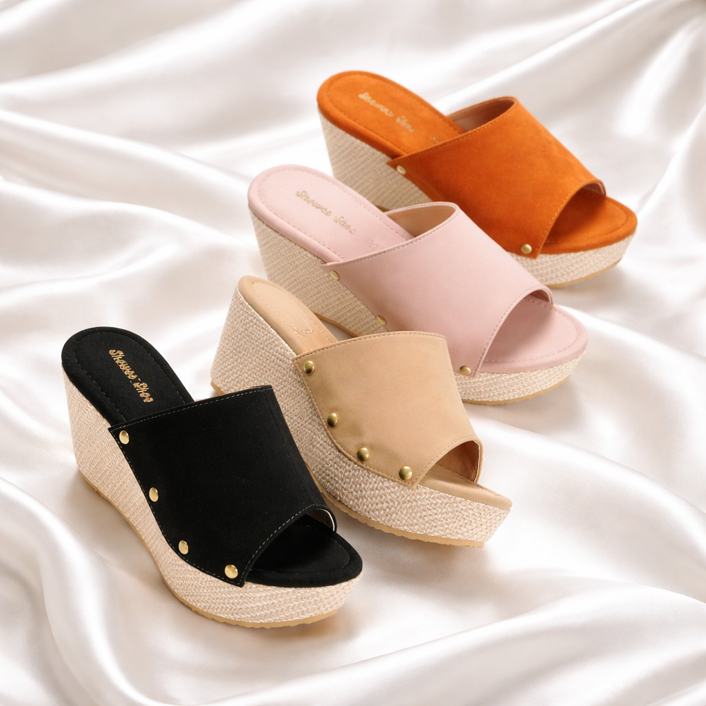 Wedge Heel Shoes, Slip-On Style, 3 Inch High Heel, Neat Work, Studded, Beautiful to Wear, Modern, Fashion Shoes. Women's Shoes - ยี่ห้อ BB ราคา 269 บาท*ส่งฟรี