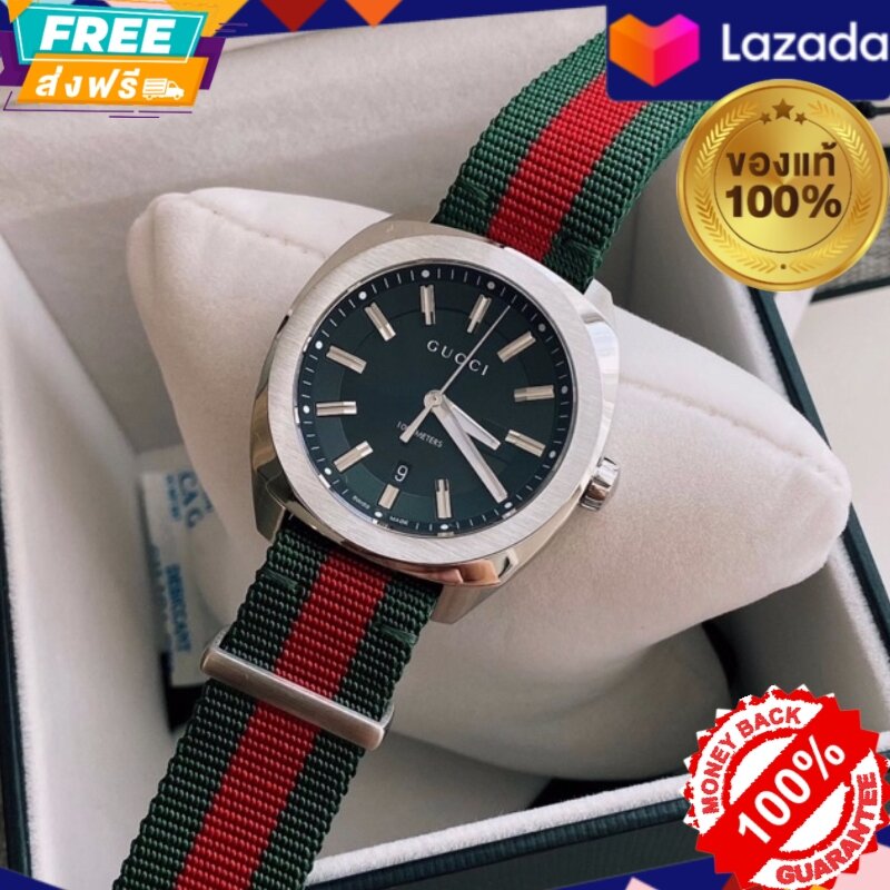 Gucci Nylon Watch GG2570 หน้าปัดดำ ขนาด 41mm. สายไนลอน เขียว-แดง ยอดฮิต รับประกันของแท้ 100% ไม่แท้ยินดีคืนเงินเต็มจำนวน ราคา 45,000 บาท*ส่งฟรี