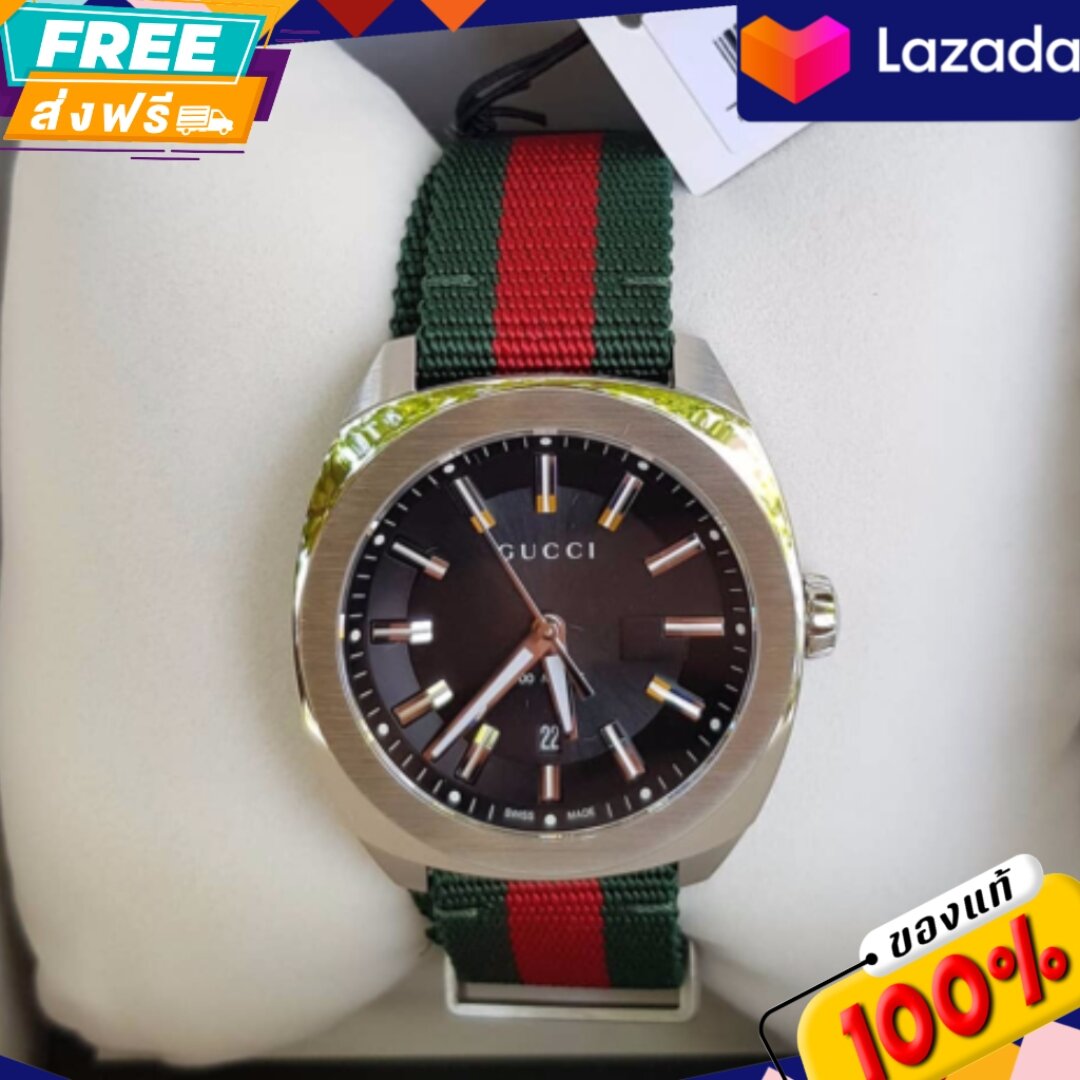 New Gucci Nylon signature หน้าปัดดำกรอบเงิน ขนาด 41mm. สายไนลอน เขียว-แดง 🇮🇹 มีใบรับประกัน อปก. กล่อง แคร์การ์ด ราคา 60,000 บาท*ส่งฟรี