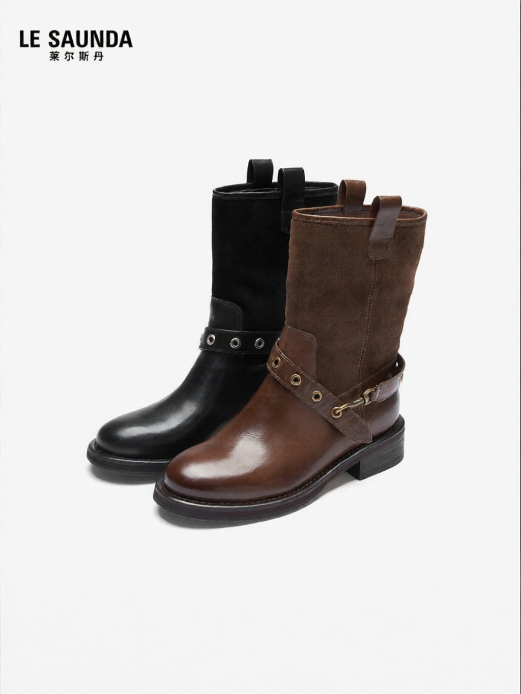 Le Saunda | Winter Mid Calf Coarse Heel Leather Boots ราคา 9,391 บาท*ส่งฟรี