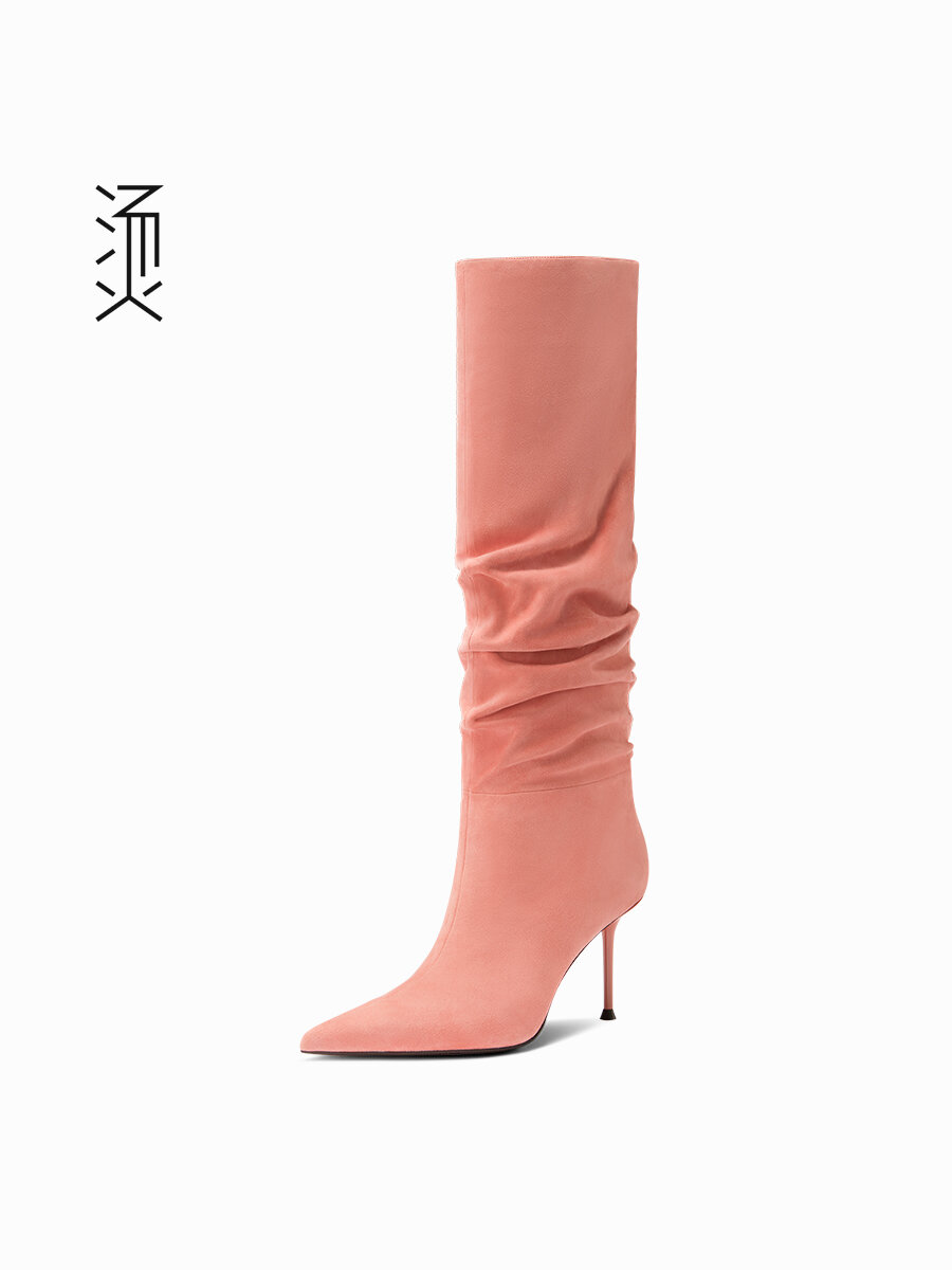 FEEEEVER | Feminine Pink Velvet Folded High Heel Knee Boots ราคา 10,012 บาท*ส่งฟรี