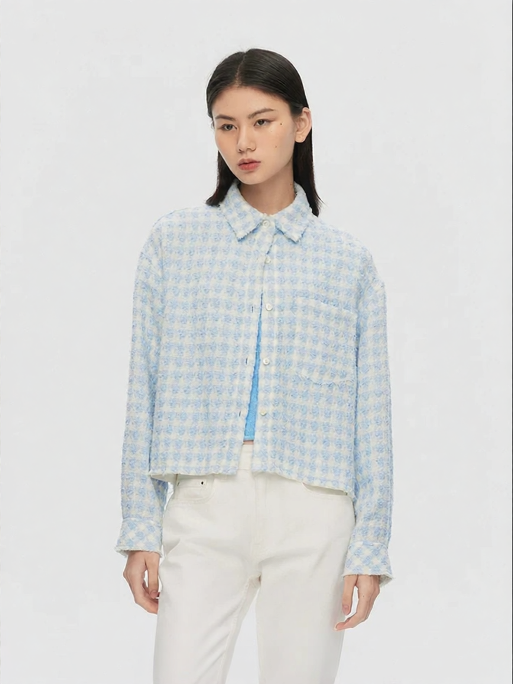 URLAZH | Spring Breathable Blue White Check Short Loose Over The Shoulder Notched Collar Jacket ราคา 7,202 บาท*ส่งฟรี