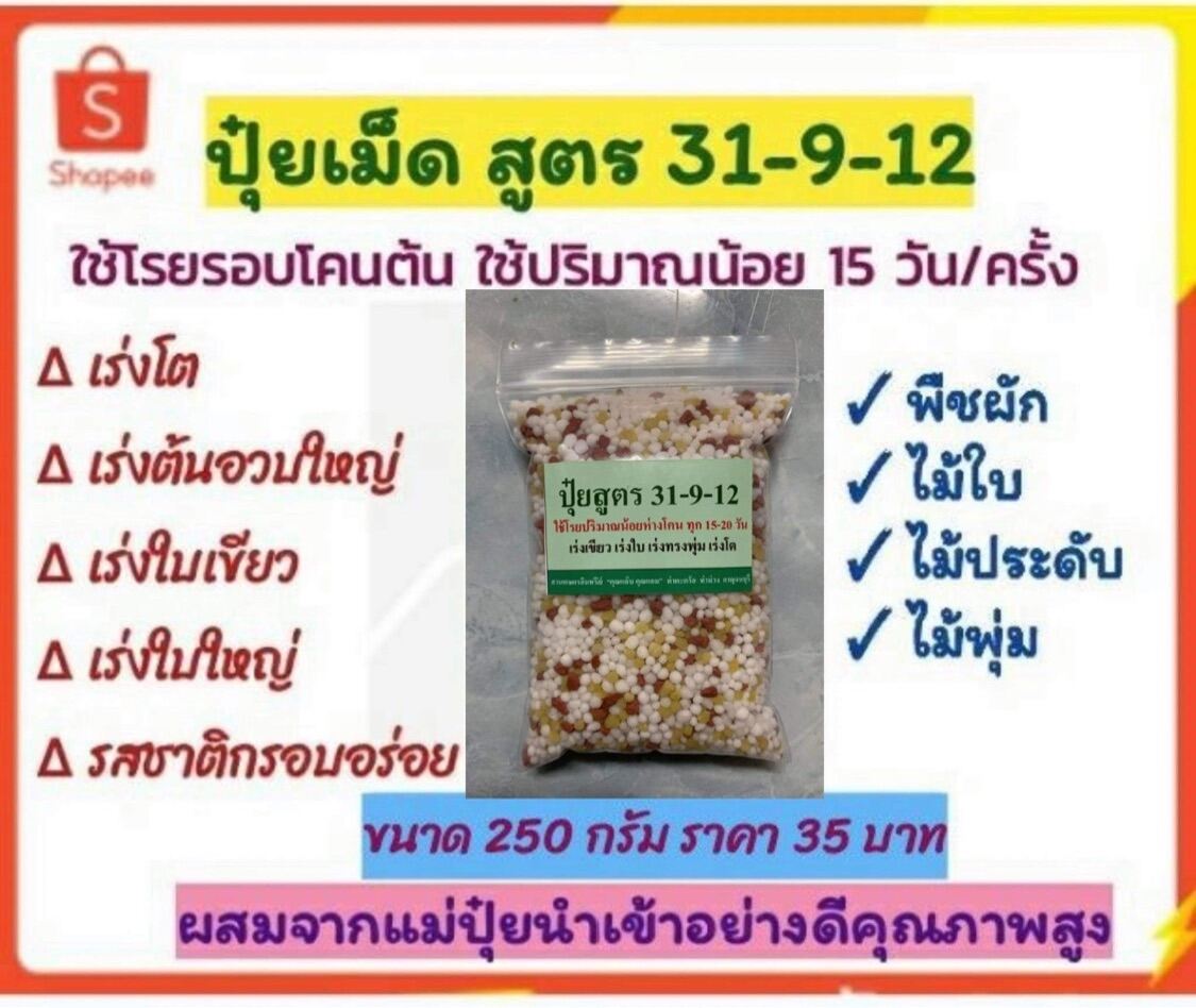 ปุ๋ยเม็ด สูตร 31-9-12 สูตรพืชผัก ไม้ใบ ไม้กระถาง ไม้ประดับ เร่งตั้งต้น เร่งโต ต้นอวบใหญ่ เร่งใบ ใบเขียว ใบงามมัน