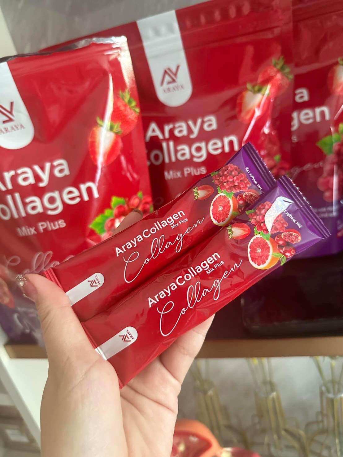 Araya collagen mixplus ซื้อ1 แถม 1 อารายาคออลลาเจนมิคพลัสถุงใหญ่จุใจขาวกระจ่างใส 0 แคลไม่อ่วน ( 2 ห่อ ราคา 390 บาท*ส่งฟรี