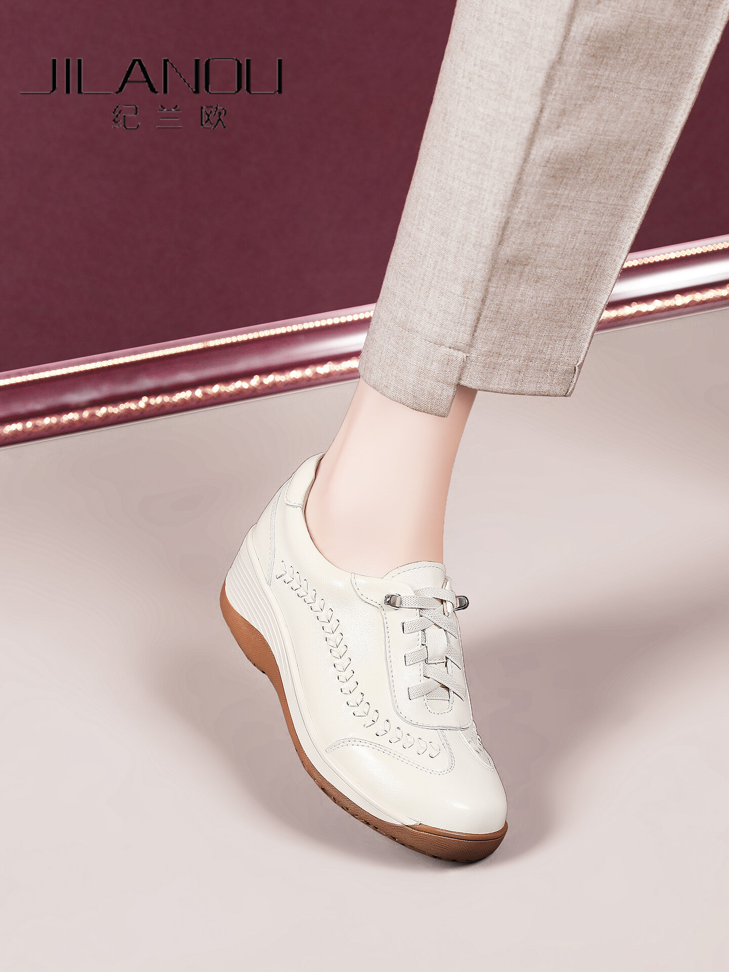 JILANOU | White Genuine Leather Shoes First-layer Cowhide Soft Sole 4.5cm Wedge ราคา 3,754 บาท*ส่งฟรี