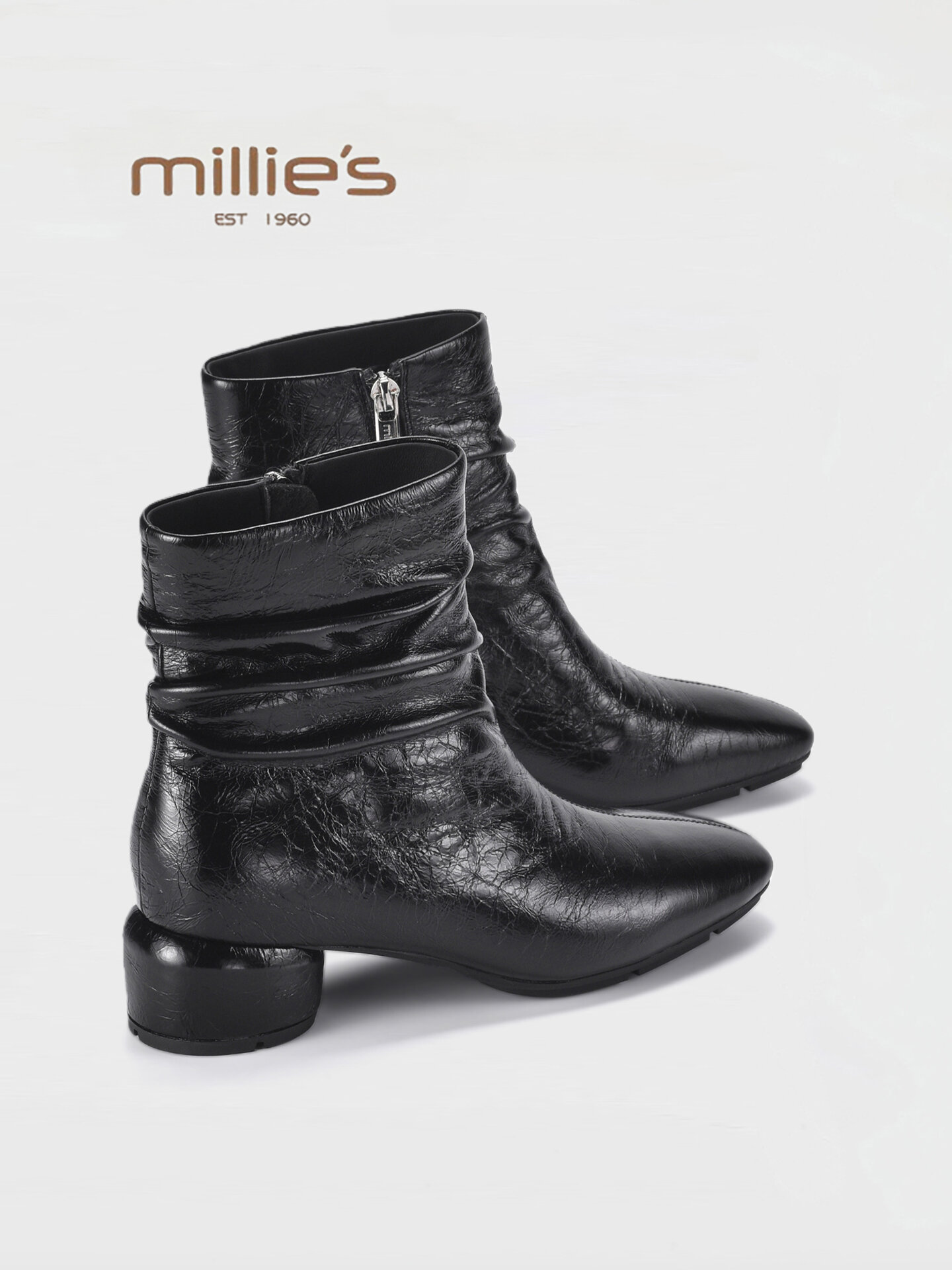 MILLIE'S | Furrowed Leather Coarse Heel French Style Slim Ankle Boot Winter ราคา 8,028 บาท*ส่งฟรี
