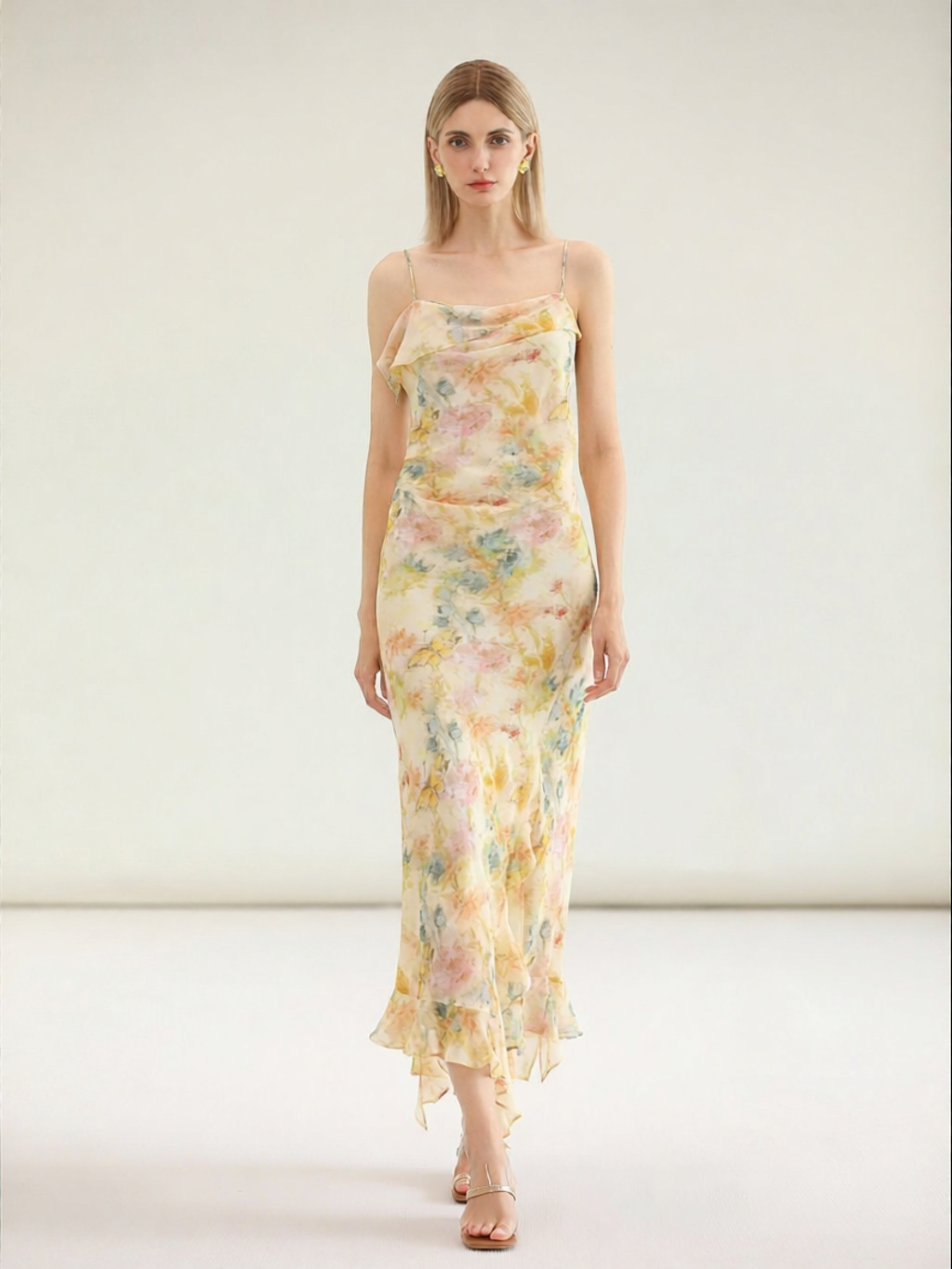 COCOBELLA | French Flirty Neck Print Chiffon Flared Hem Camisole Dress ราคา 6,581 บาท*ส่งฟรี