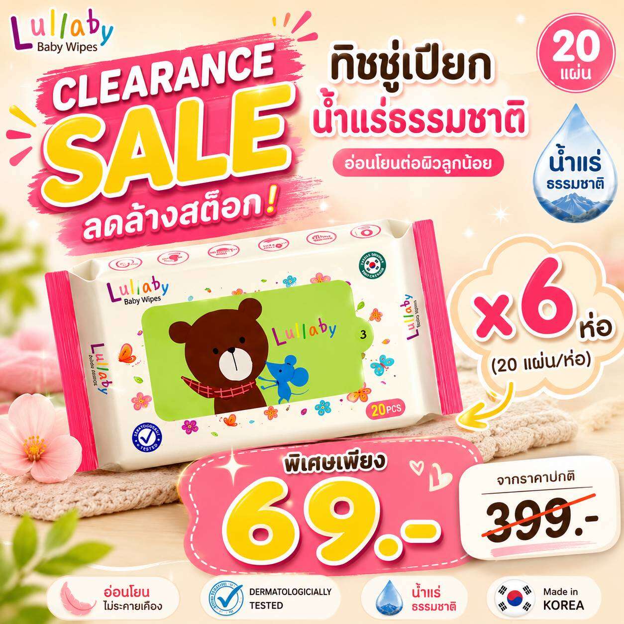 Lullaby Baby Wet Wipes, 20 Sheets X6 Packs, Celtic Mineral Water from France, Made in Korea, Gentle on Newborn Skin. ราคา 69 บาท*ส่งฟรี