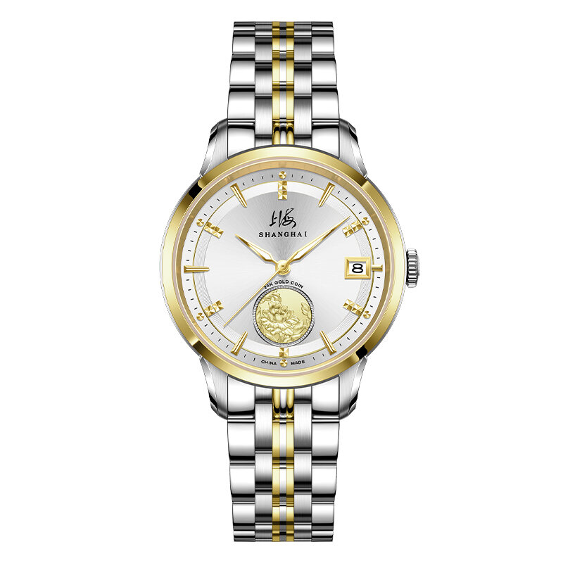 Shanghai | Shanghai Gold Diamond Automatic Mechanical Watch Women's Waterproof Bracelet Luxurious Style Calendar Function Square Sapphire Lens ราคา 12,528 บาท*ส่งฟรี
