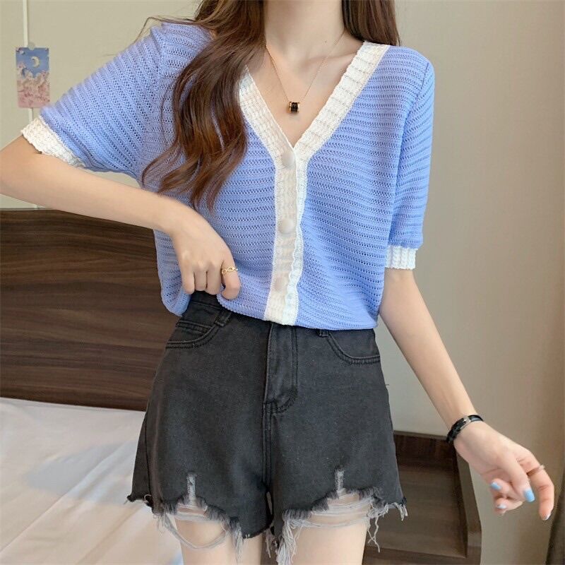 tt Shop พร้อมส่ง เสื้อไหมพรมแขนสั้น คอวีกระดุมด้านหน้าคิ้วๆน่ารัก 11506 ...