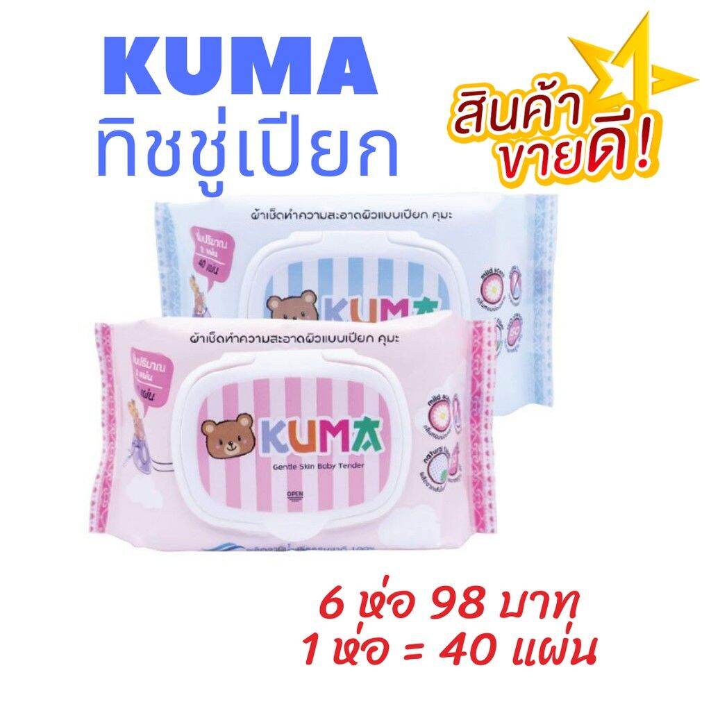 ทิชชู่เปียก KUMA 6 ห่อ✅ผลิตจากน้ำแร่ธรรมชาติ✅สูตรไม่มีแอลกอฮอล์✅กลิ่นหอมจากธรรมชาติ✅ทำความสะอาดหมดจด ไม่เหนียวเหนอะหนะ