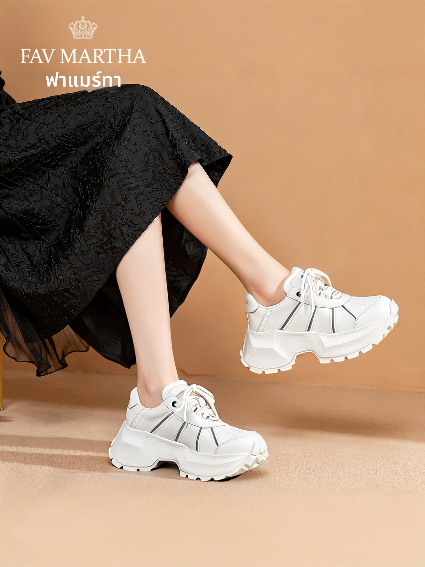 Height Increasing White Dad Shoes 20/25mm Platform Lightweight Lace-up Comfort ราคา 8,159 บาท*ส่งฟรี