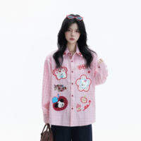 zuocisankon | เสื้อเชิ้ตแขนยาวลายสก็อตปักการ์ตูนน่ารัก