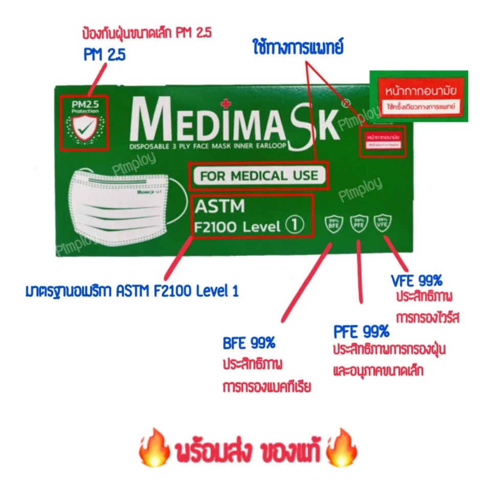 Medimask ASTM LV1 หน้ากากอนามัยทางการแพทย์ สีเขียว 1กล่อง 50ชิ้น