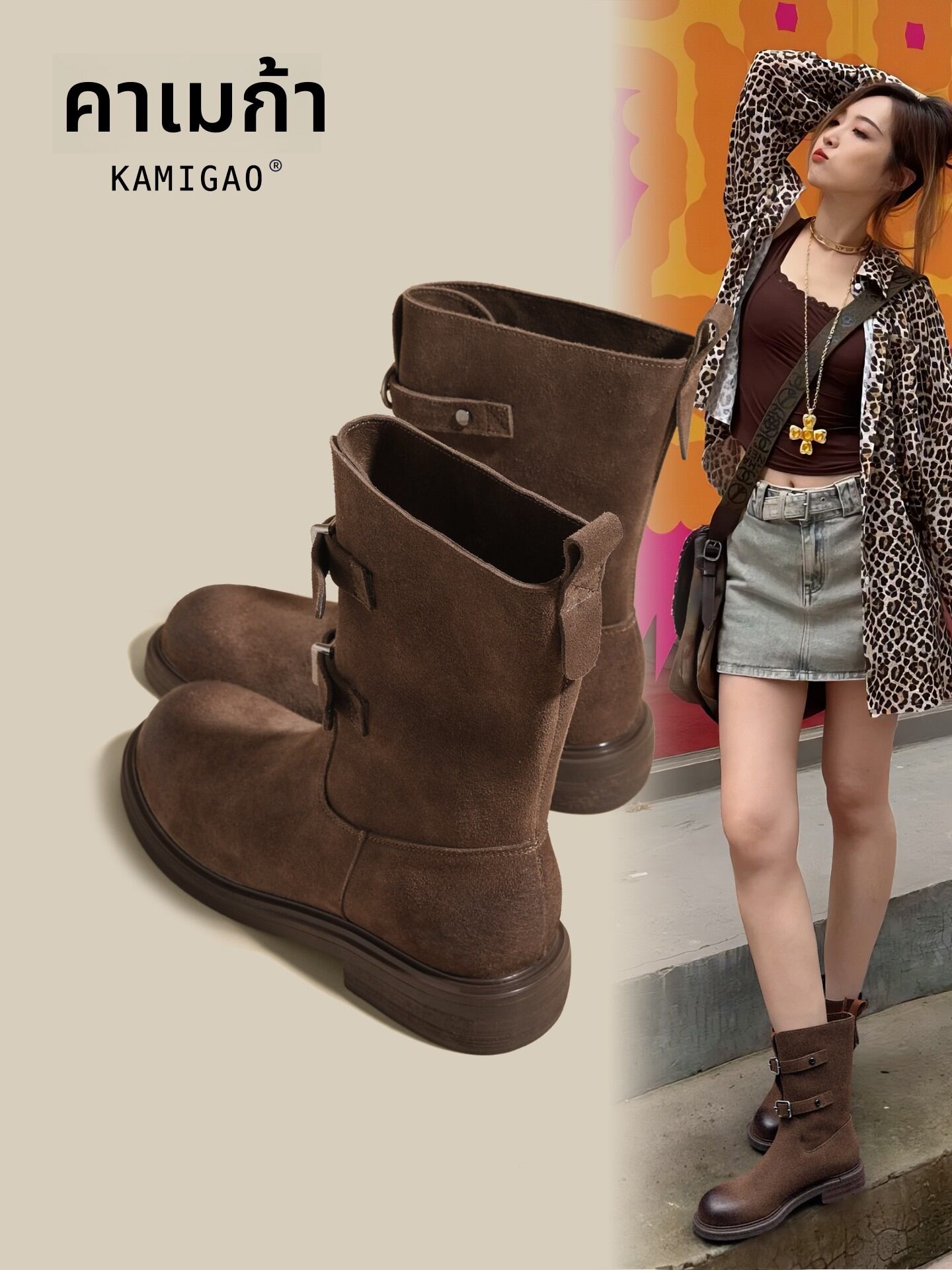 KAMIGAO | Women's Western Boots 7cm Heightening Slimmer Martin Short Boots Fall New Style Vintage High Heel Inner Girth Fabric Lining ราคา 3,561 บาท*ส่งฟรี
