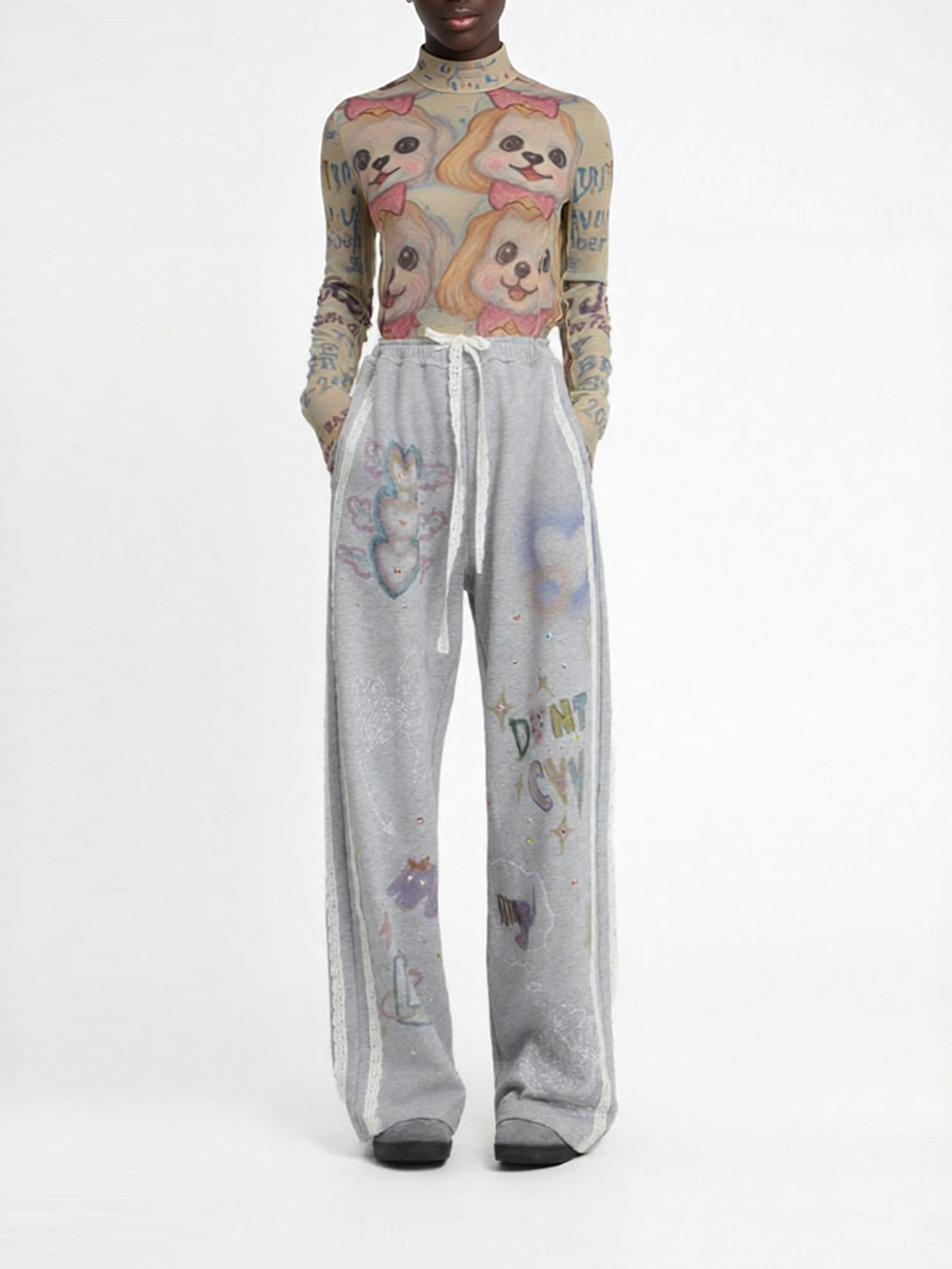 LALABOBO | Relaxing Loose Pants Lace Trim Grey Print ราคา 6,500 บาท*ส่งฟรี