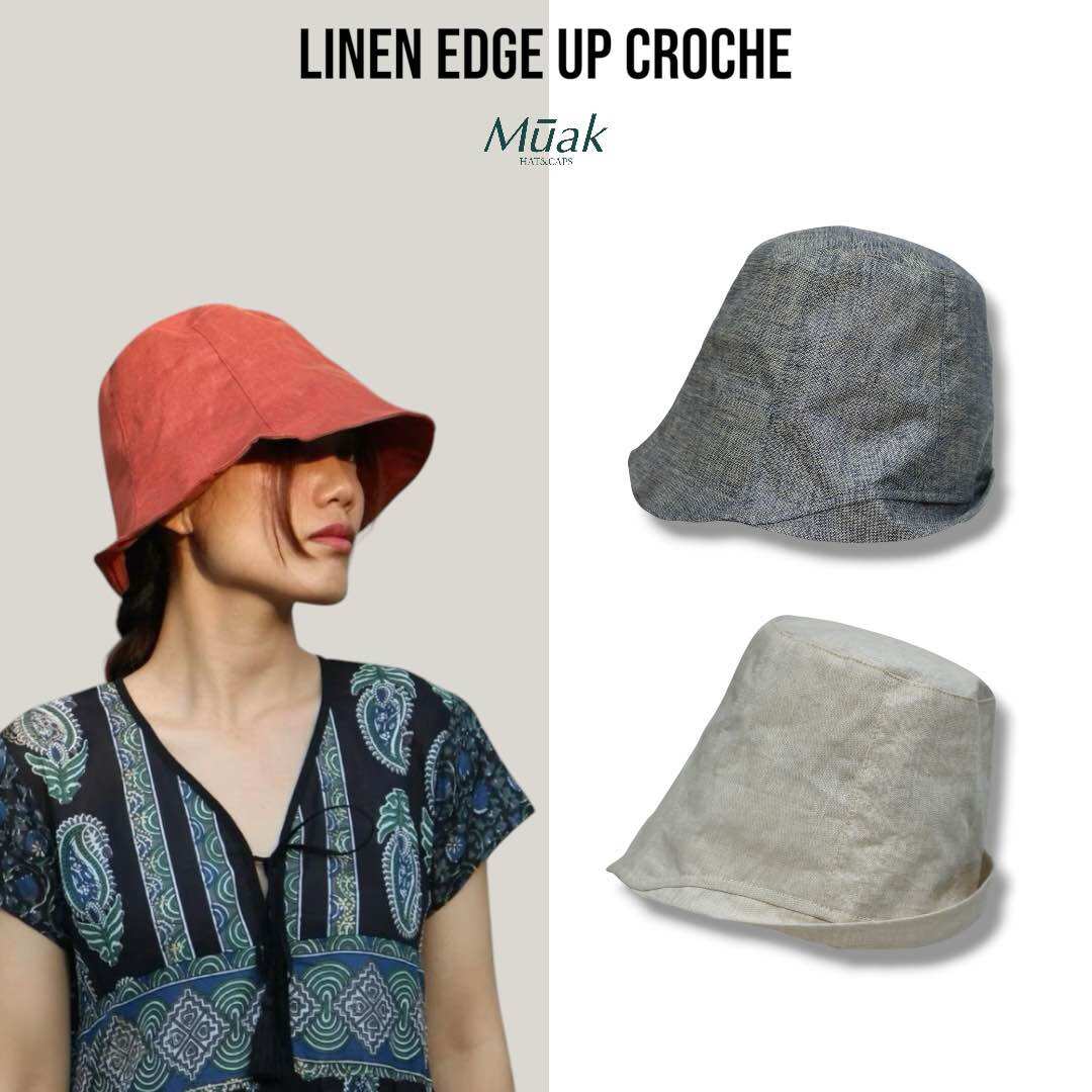 Mūak - Linen Edge up Croche, a Hat with a Minimalist Style and Warm Design. the Slightly Curved Edges Help Adjust the Shape of the Face to Make It Look Slimmer and More Refined. It's a Design That's Easy to Wear and Looks Polite. ราคา 1,032 บาท*ส่งฟรี
