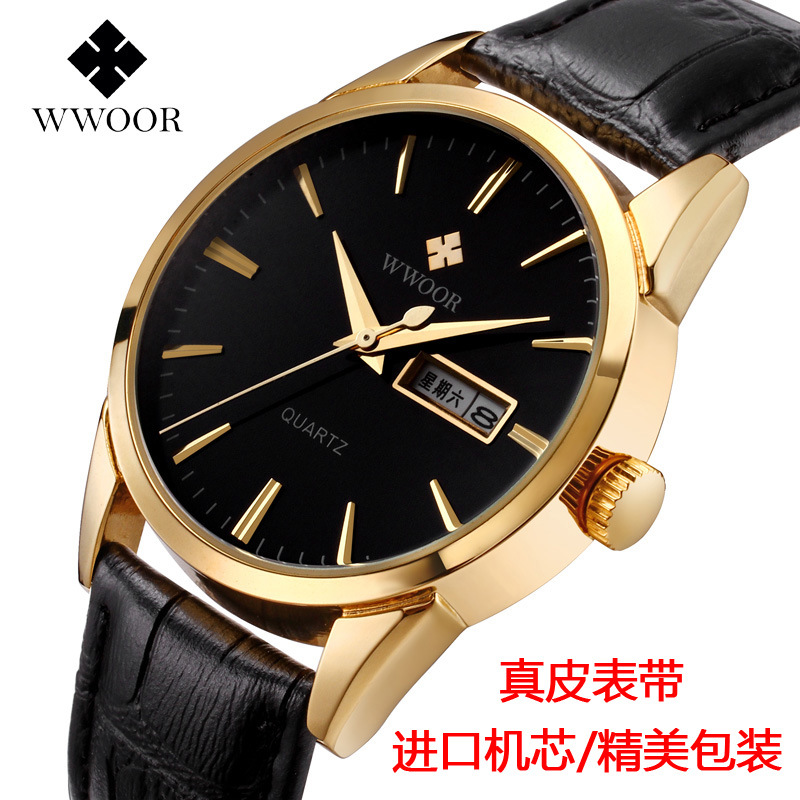ของแท้ WWOOR ธุรกิจเทรนด์แฟชั่นนาฬิกาข้อมือกันน้ำนาฬิกาชายนาฬิกาข้อมือเข็มขัดหนังแท้นาฬิกาผู้ชายปฏิทินควอตซ์