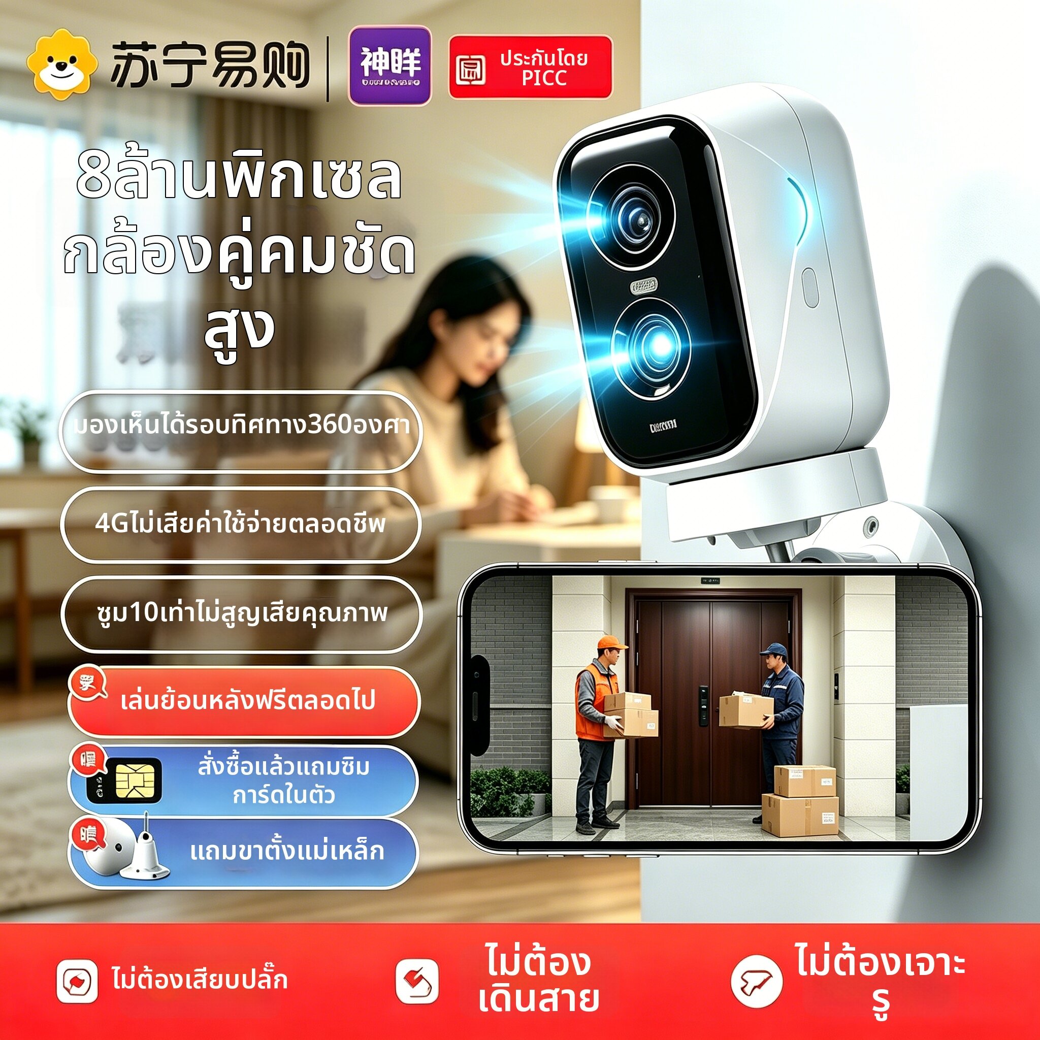 CINMOORE | 4G No Plug-in Power Lifetime Free Data Remote View Indoor Surveillance ราคา 2,728 บาท*ส่งฟรี