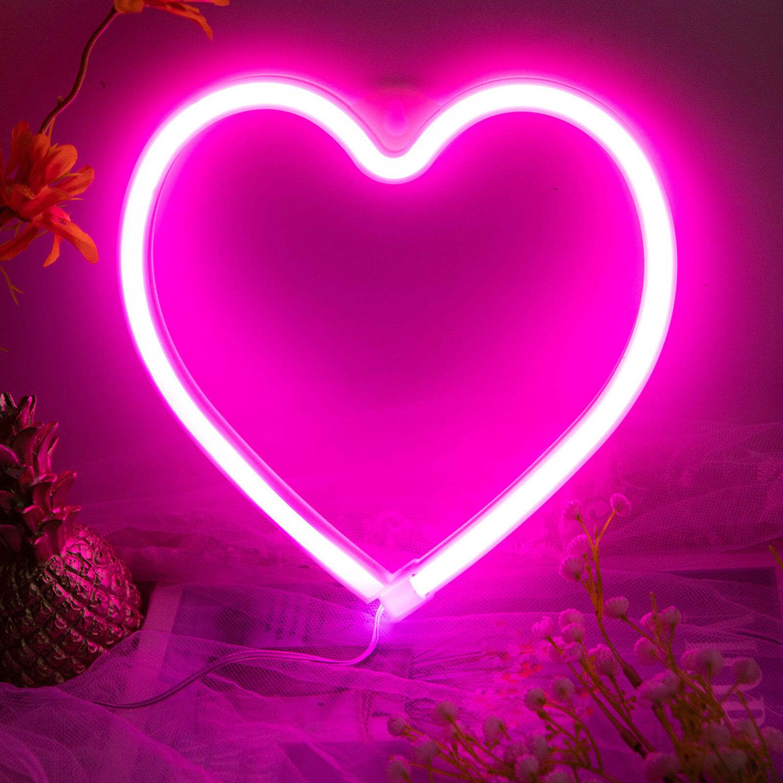 1PC นีออนไฟหัวใจหัวใจสีชมพู Neon Sign หัวใจ LED Light LED โคมไฟหัวใจตกแต่งหัวใจสําหรับแขวนหัวใจของขวัญตกแต่ง