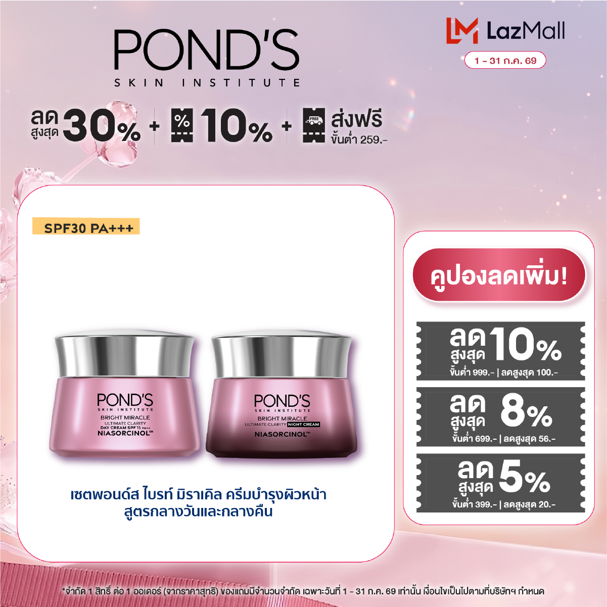 พอนด์ส ไบรท์ มิราเคิล สูตรกลางวัน spf15,spf30 และกลางคืน บำรุงผิวชุ่มชื้น ไนอาซอร์ซินอล 45 ก. ( cream , ครีมบำรุงหน้า , มอยเจอร์ไรเซอร์ ) ราคา 498 บาท*ส่งฟรี