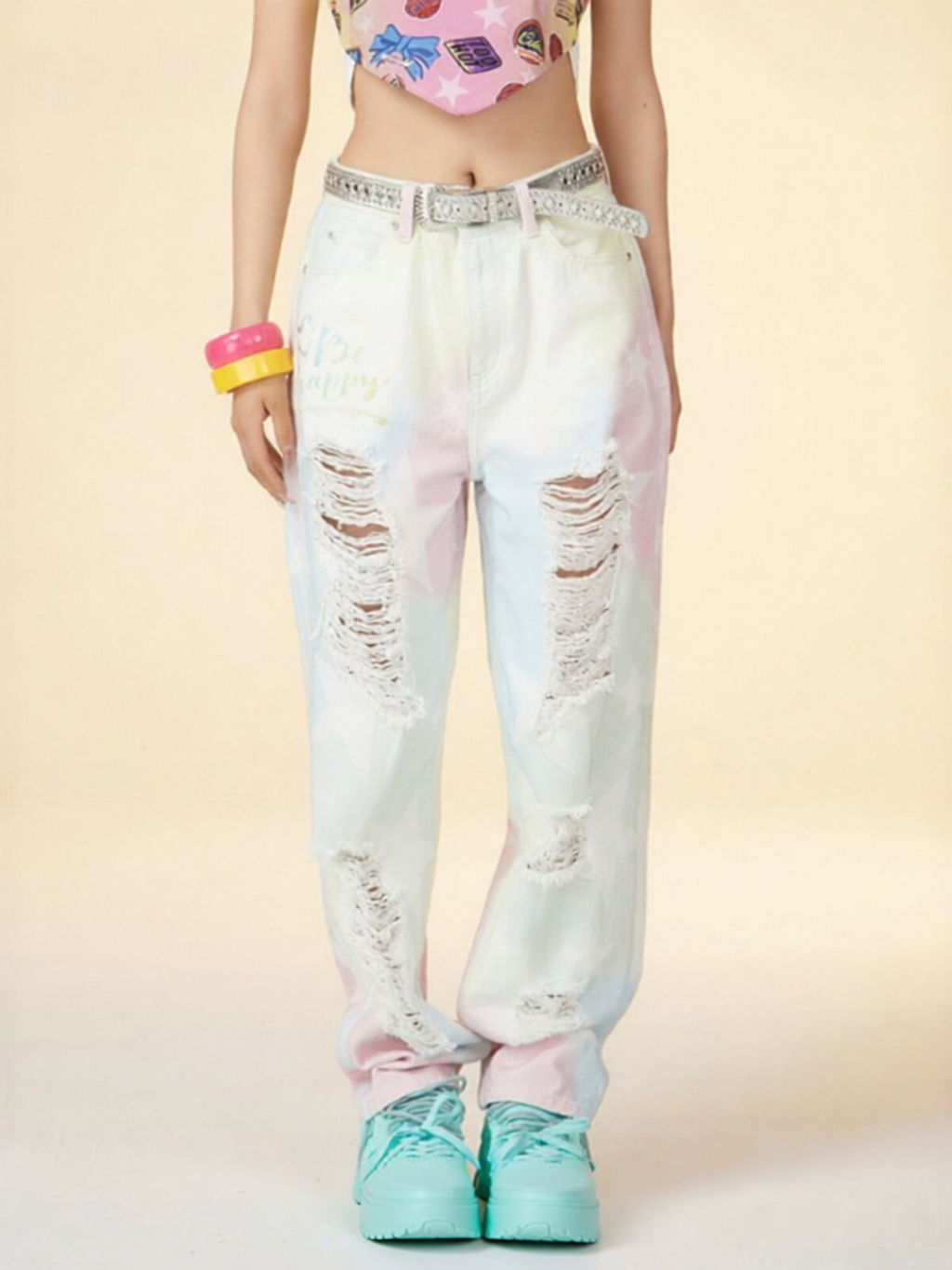 LALABOBO | Casual High Waist Ripped Colorful Star Jeans ราคา 5,967 บาท*ส่งฟรี