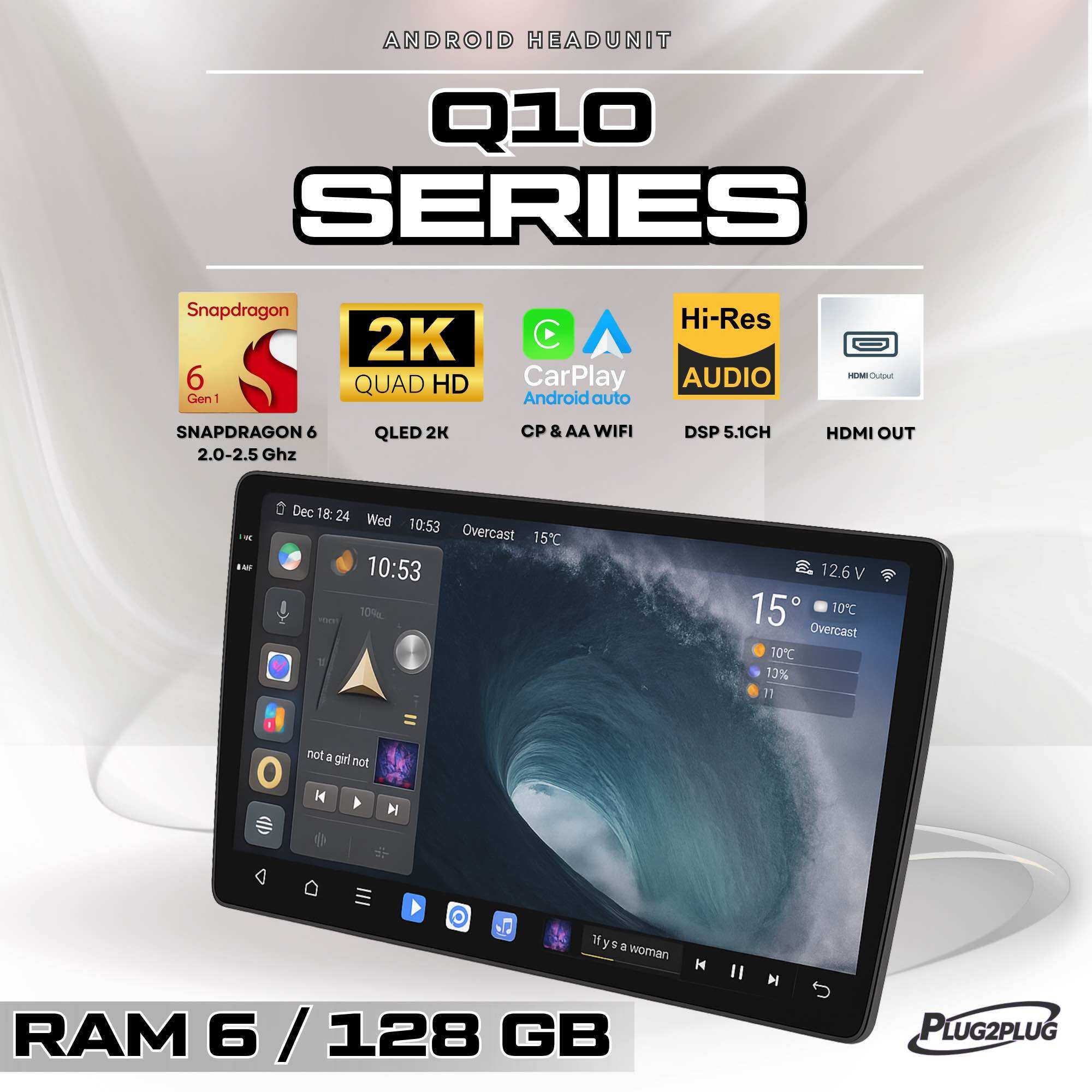 Car Radio with Android Screen, Size 9-10 Inches (Universal) (Qled Glass Screen, 8 Core Cpu, 6 Gb Ram, 128 Gb Rom, 32 Ch Dsp(16*2), Carplay and Android Auto) ราคา 8,199 บาท*ส่งฟรี