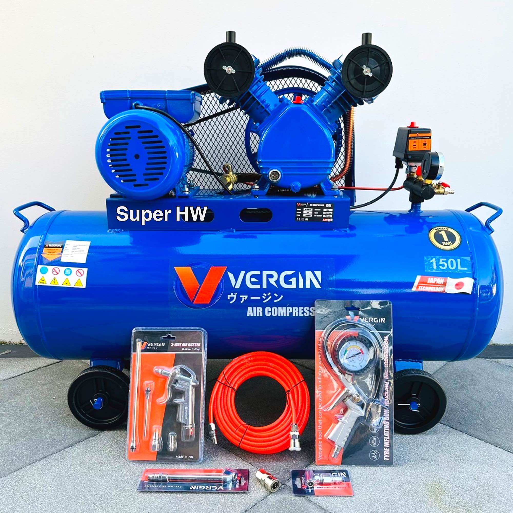 VERGIN ปั๊มลม ถังลม ขนาด 150 ลิตร มอเตอร์ 3 แรงม้า 2 สูบ ขนาดกระบอกสูบ 65mm มอเตอร์ทองแดงแท้ ทนทาน พร้อมอุปกรณ์ 6 อย่าง (สินค้ามีตัวเลือก) ราคา 8,990 บาท*ส่งฟรี