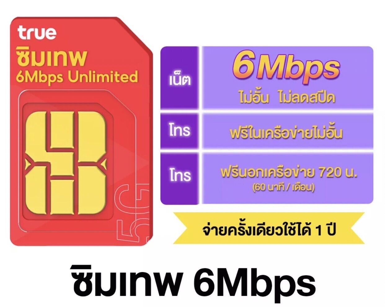 ซิมเทพ ซิมทรู ซิมรายปี เน็ต6Mbps ไม่อั้น ไม่ลดสปีด ใช้ได้นาน1ปี ไม่ต้องเติมวัน 1 ปี ราคา 2,250 บาท*ส่งฟรี