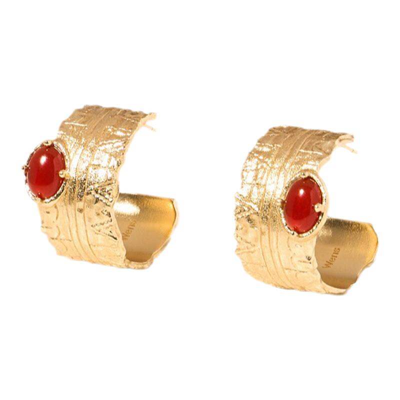 wens | Wens KISS Series Red Agate Carved Texture Earrings Gold And Silver New Year Gift High End Ear Jewelry For Women Fresh Out Design ราคา 4,831 บาท*ส่งฟรี