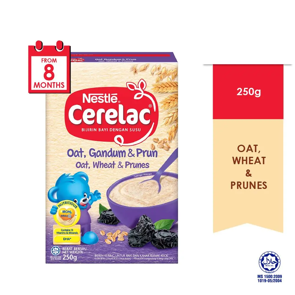 Nestle Cerelac ซีรีแล็ค รสโอ๊ตผสมแป้งและพรุนอาหารเสริมสำหรับเด็ก 8 เดือนขึ้นไป ขนาด 250 กรัม