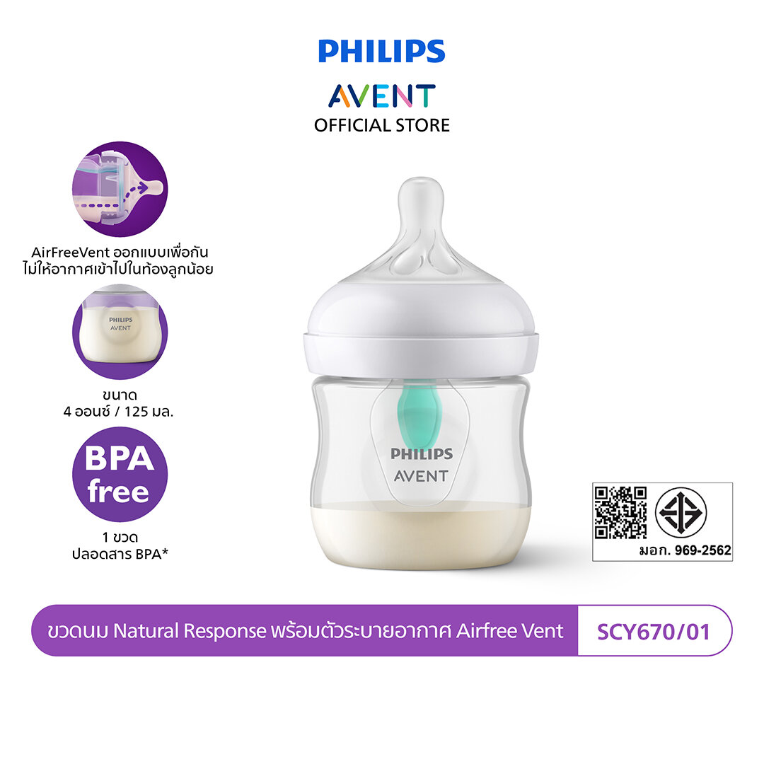 Philips Avent ฟิลิปส์ เอเวนท์ ขวดนม Natural Response พร้อมตัวระบายอากาศ Airfree Vent ขนาด 4 ออนซ์/125 มล. รุ่น SCY670/01