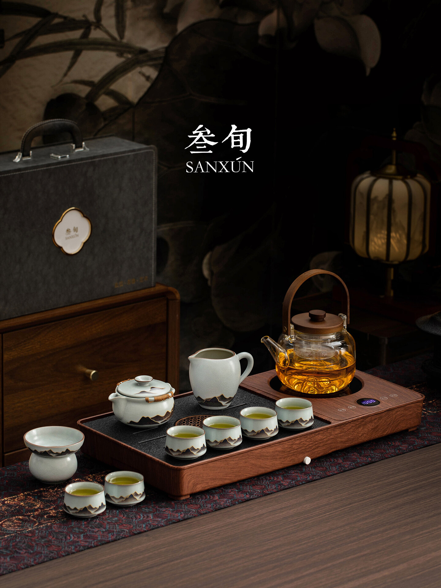 เครื่องครัวและอุปกรณ์บนโต๊ะอาหาร SANXUN เซรามิคอุ่น Gongfu ชุดชากาต้มน้ำและถาดชา ราคา 5,830 บาท*ส่งฟรี