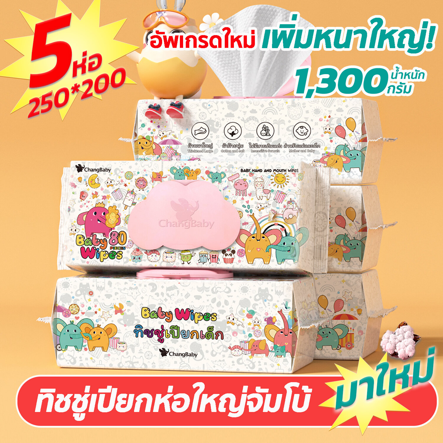 4 แถม 1 Ein.b ทิชชู่เปียกเด็ก ผ้าฝ้ายลายมุกเพิ่มความหนา ห่อใหญ่แผ่นใหญ่ ไม่ระคายเคืองผิว กระดาษทิชชู่เปียกเด็กแรกเกิดเช็ดมือและปาก 80แผ่น